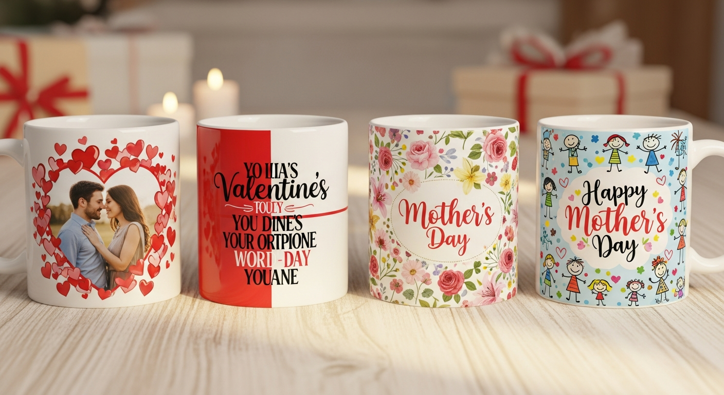 Valentine and Mother's Day custom mug designs with couples photos childrens artwork and heartfelt quotes