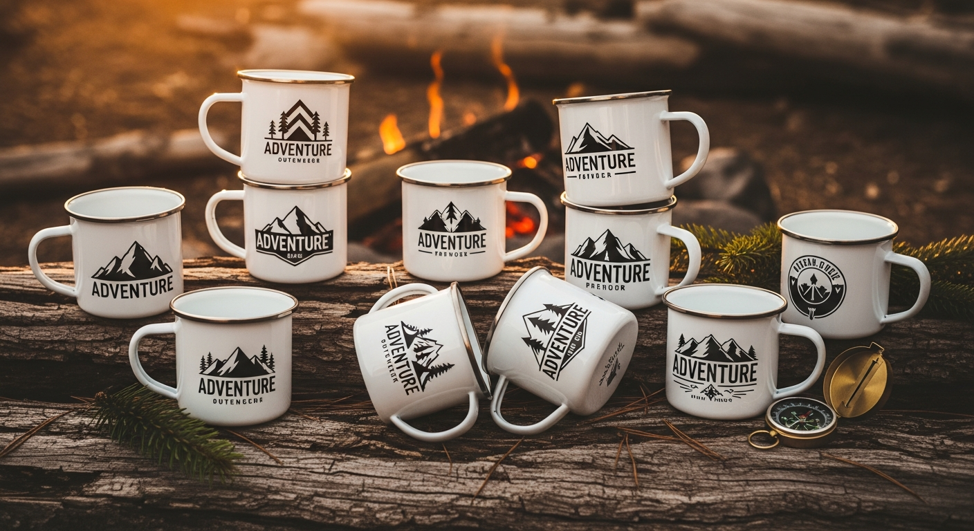 Custom enamel camping mugs with outdoor adventure brand logos in campsite setting