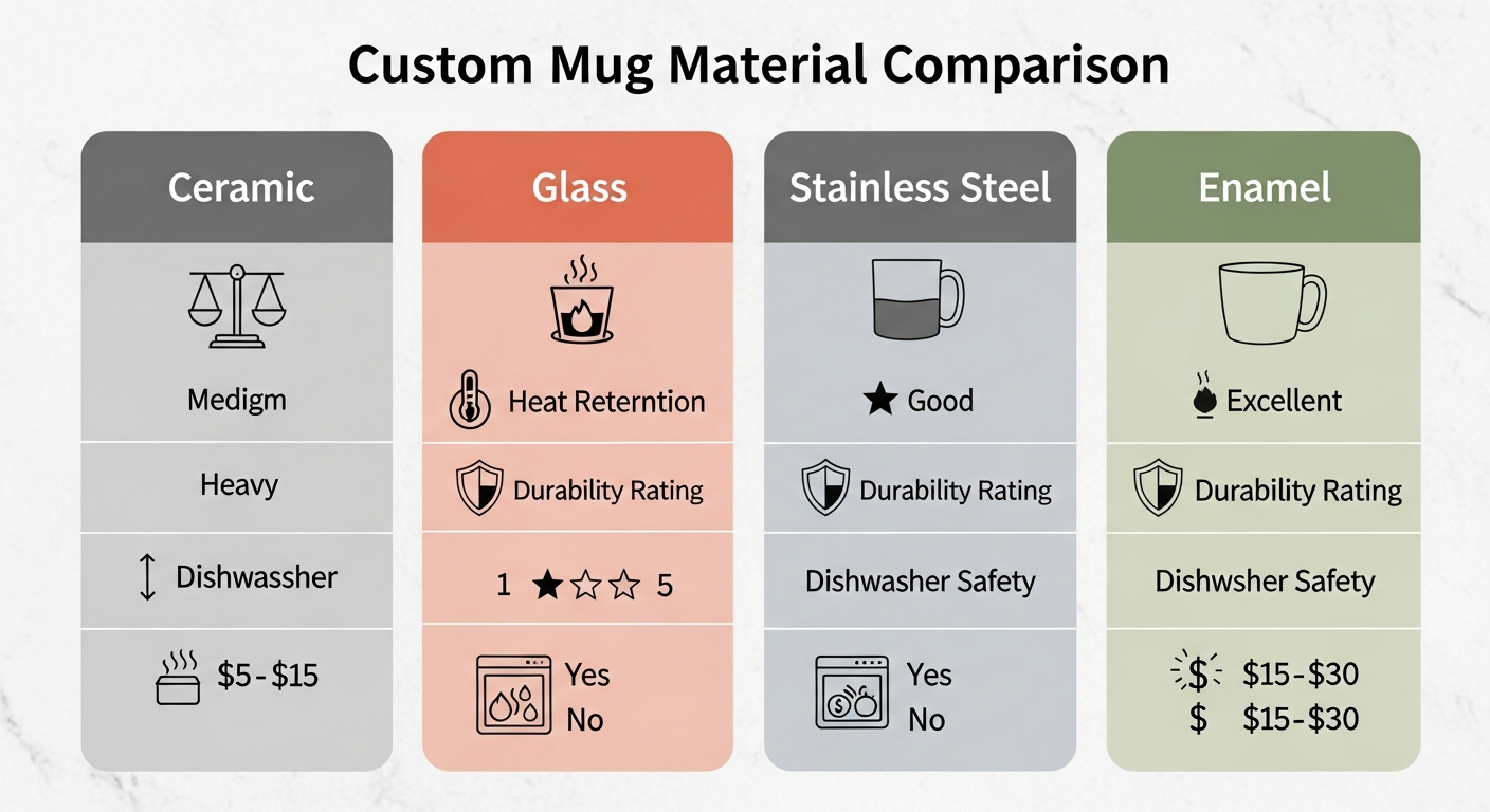 Custom mug material comparison chart showing weight heat retention durability and price for ceramic glass steel enamel