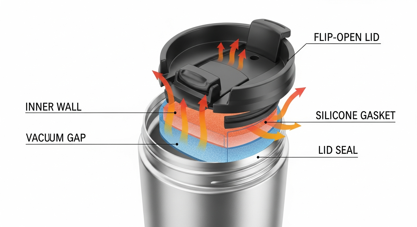 Cutaway diagram of double wall vacuum insulated stainless steel mug showing thermal insulation layers