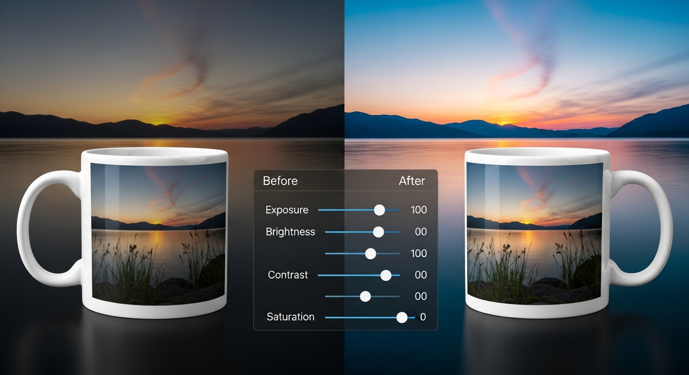 Before and after color correction examples showing brightness contrast and skin tone adjustments for mug printing