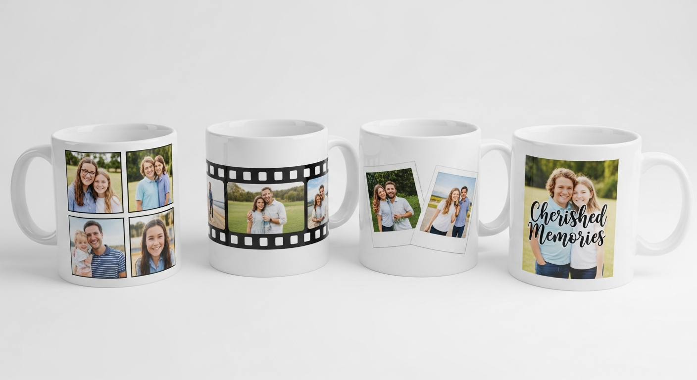 Four different photo collage layout options on custom mugs including grid filmstrip and overlap arrangements