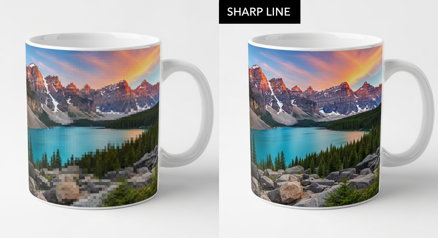 Side by side comparison of 72 DPI versus 300 DPI photo print quality on ceramic mug surface
