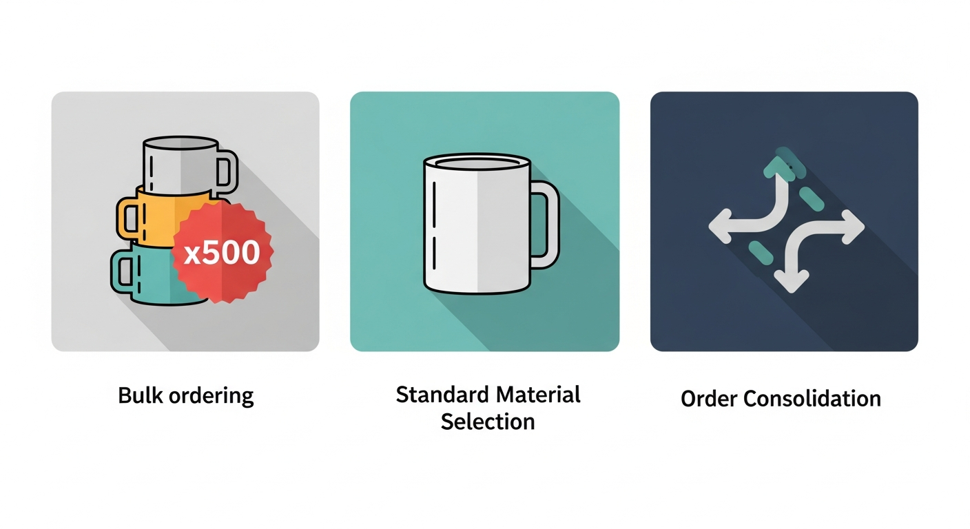 Three cost saving strategies for custom mugs showing bulk ordering material selection and order consolidation