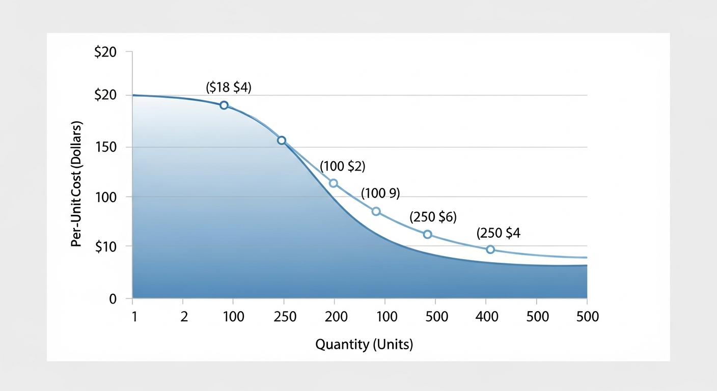Volume discount pricing chart showing per unit cost decrease from 1 to 500 units for custom ceramic mugs