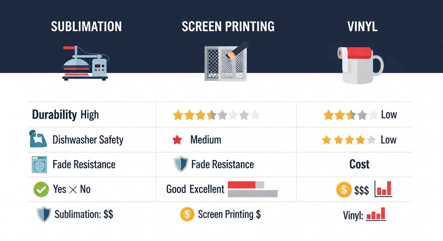 Durability comparison chart showing sublimation screen printing and vinyl lifespan dishwasher safety and fade resistance