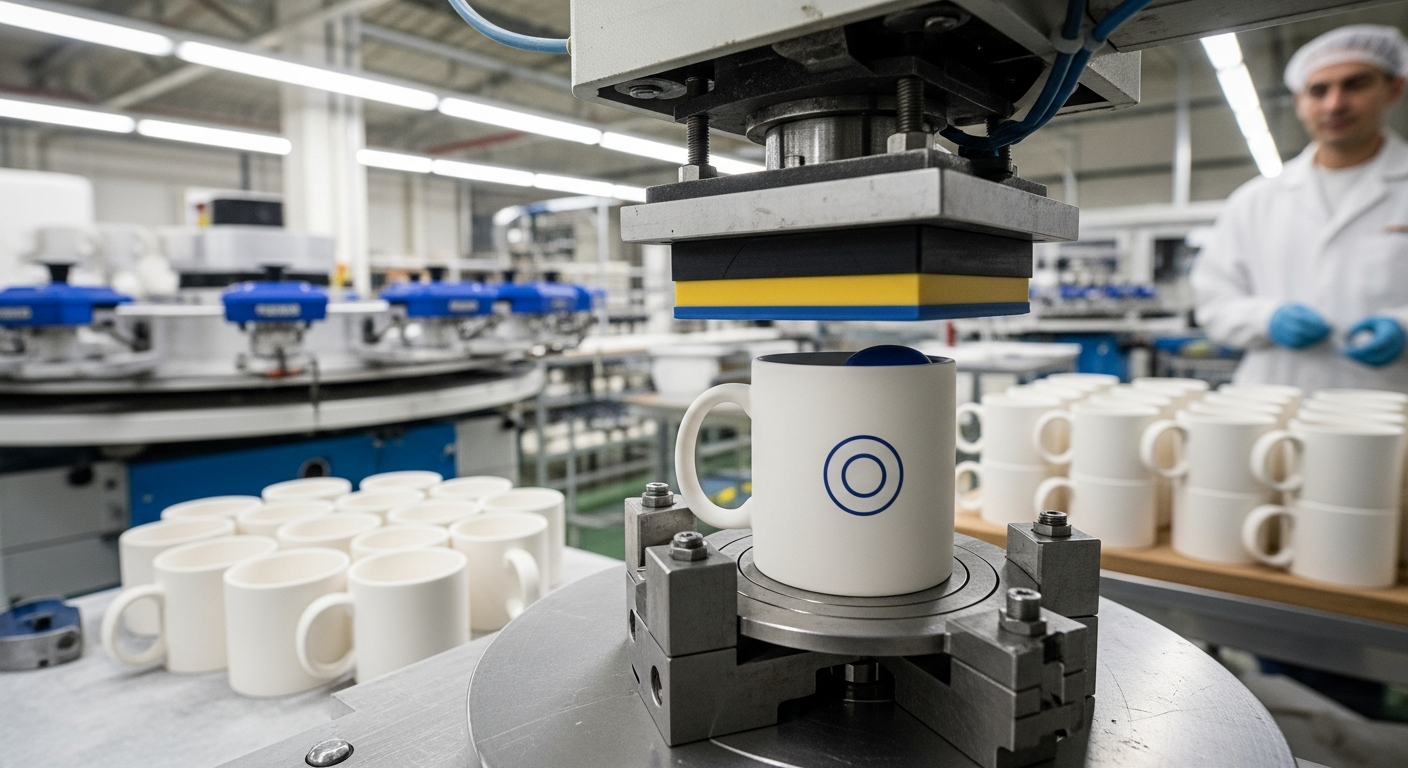 Screen printing process for ceramic mugs showing pad printing application and kiln firing at high temperature