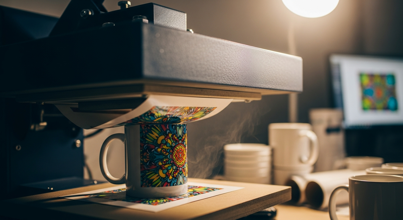 Step by step sublimation printing process showing ink transfer heat press and polymer infusion on ceramic mug