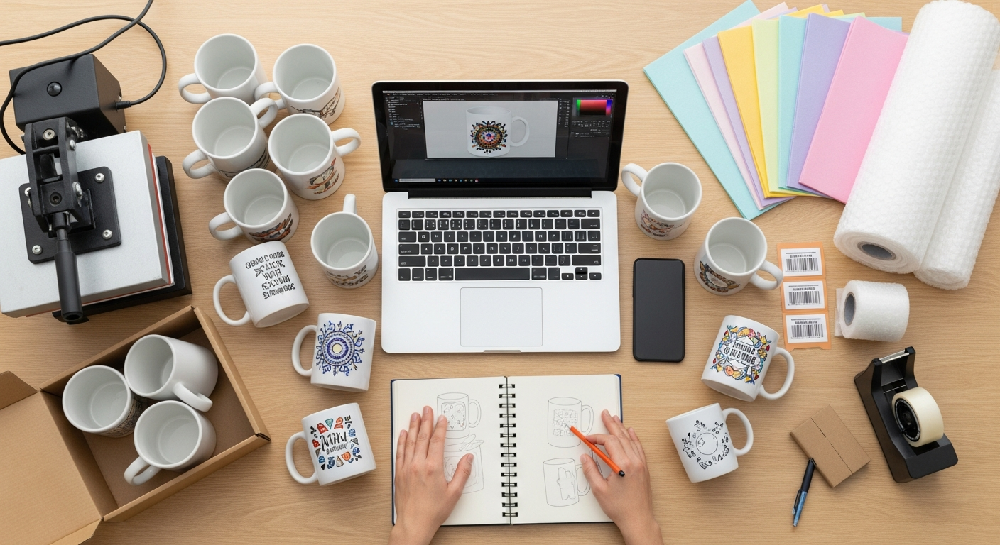 Custom mug business workspace showing design laptop printed mugs packaging supplies and shipping materials