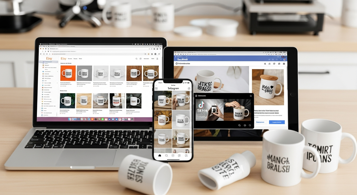 Custom mug business marketing channels showing Etsy shop Instagram feed TikTok content and paid ad examples