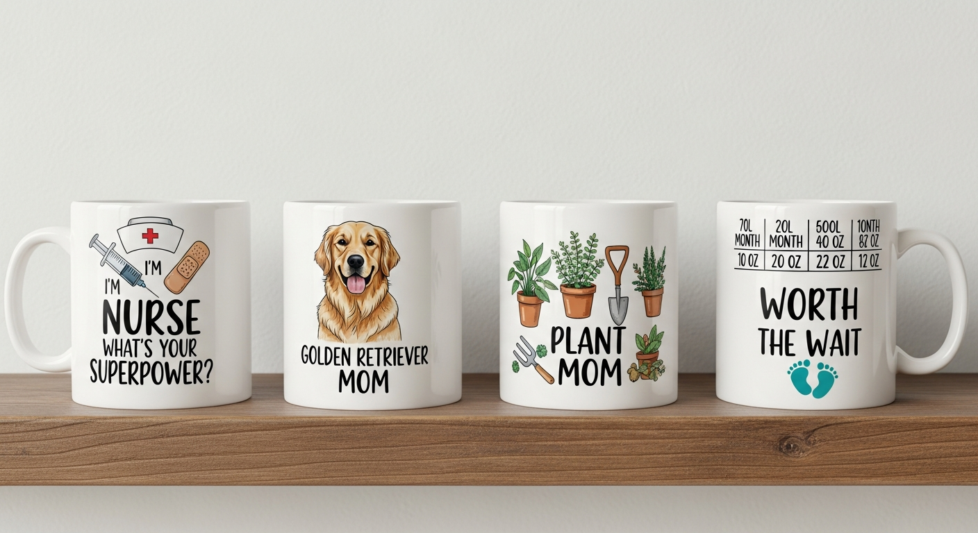 Custom mug business niche examples showing profession humor pet breed and hobby themed mug designs