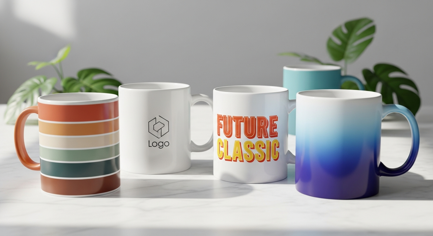 2026 custom mug design trends showing earth tones minimalist typography and organic patterns on ceramic