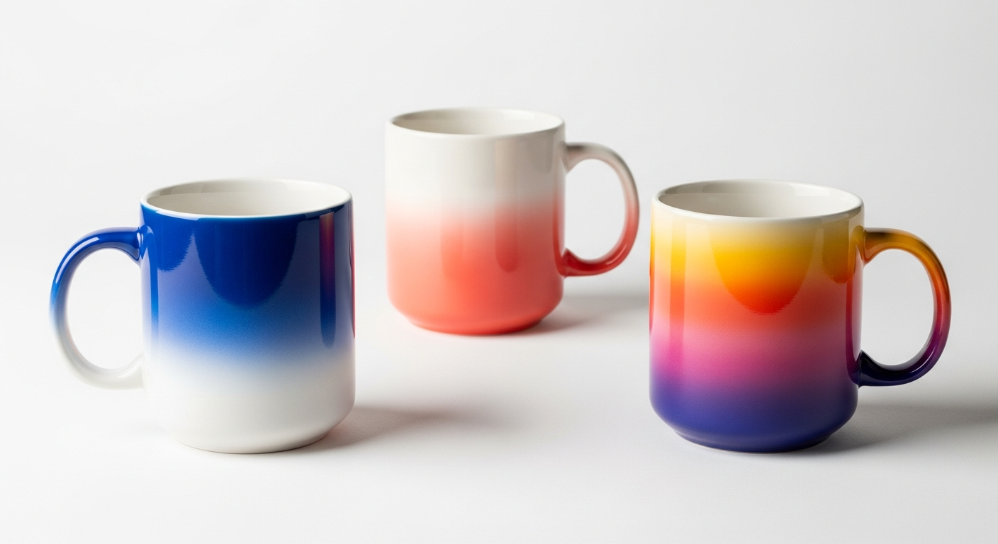 Custom mugs with gradient and ombre color effects transitioning from deep color to white on ceramic