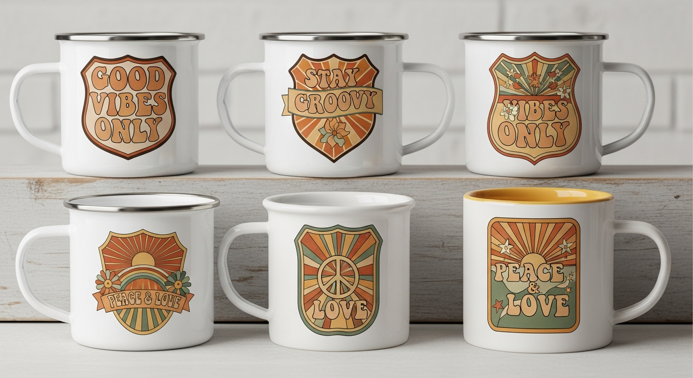 Custom mugs featuring retro vintage typography with groovy fonts badge designs and muted color palettes