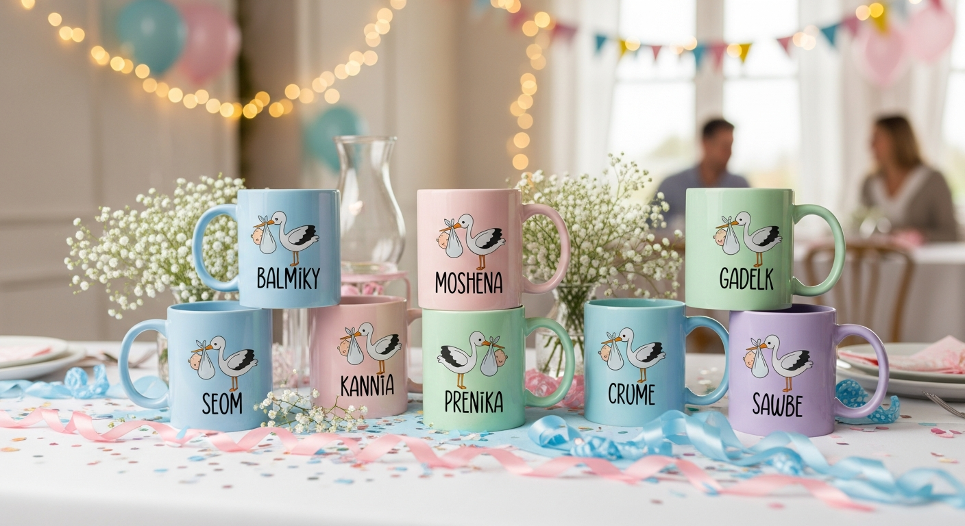 Baby shower custom mugs in pastel colors with stork illustrations and baby name designs
