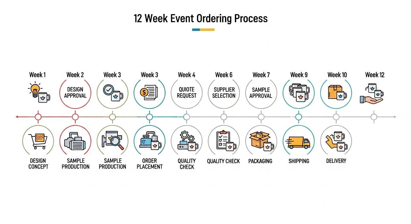 Event mug ordering timeline diagram showing 12 week planning milestones from design to delivery