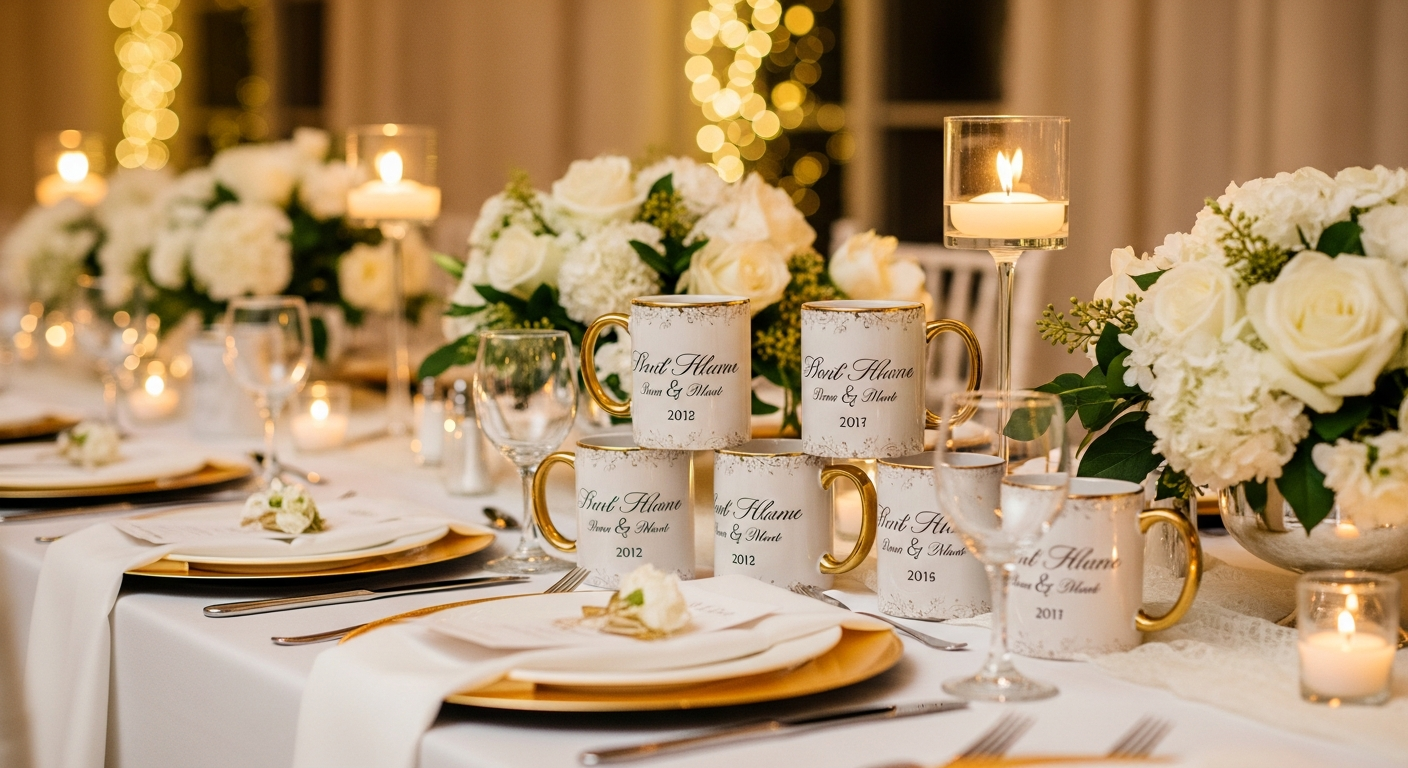 Wedding custom mug favors displayed at reception table with elegant typography showing couple names and date