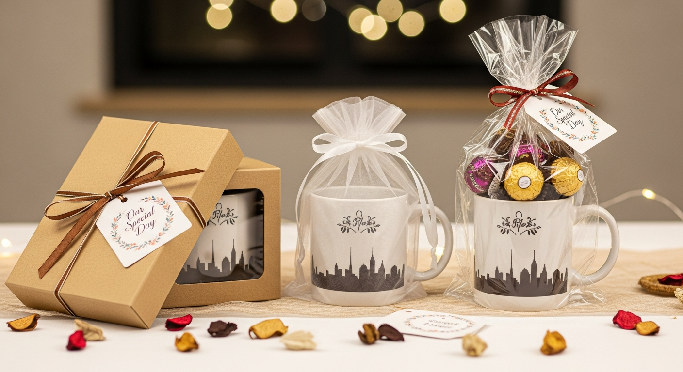 Creative packaging options for event custom mugs including gift boxes ribbon wraps and filled mug gift sets