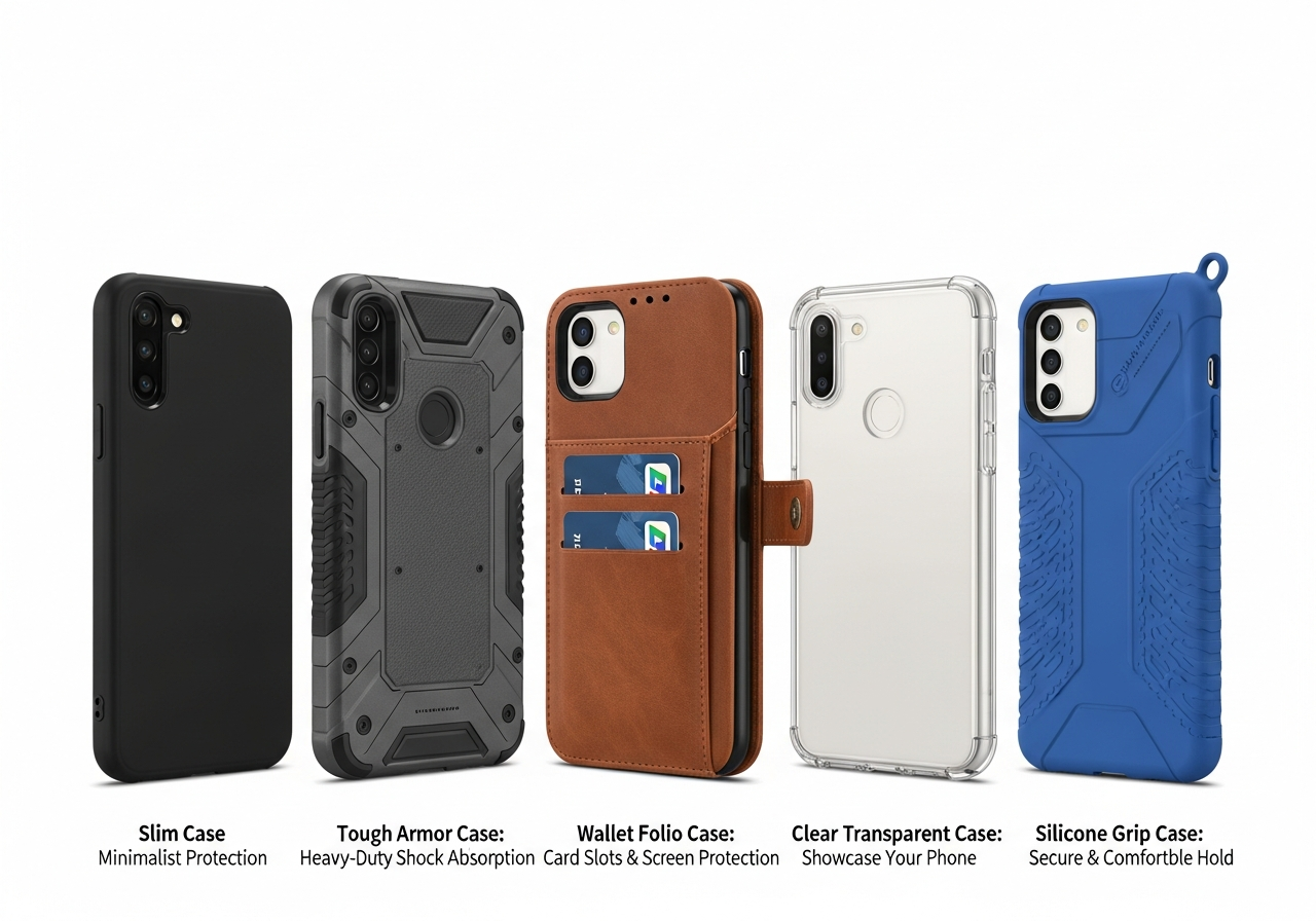 Lineup of slim tough clear wallet and bumper custom phone case styles