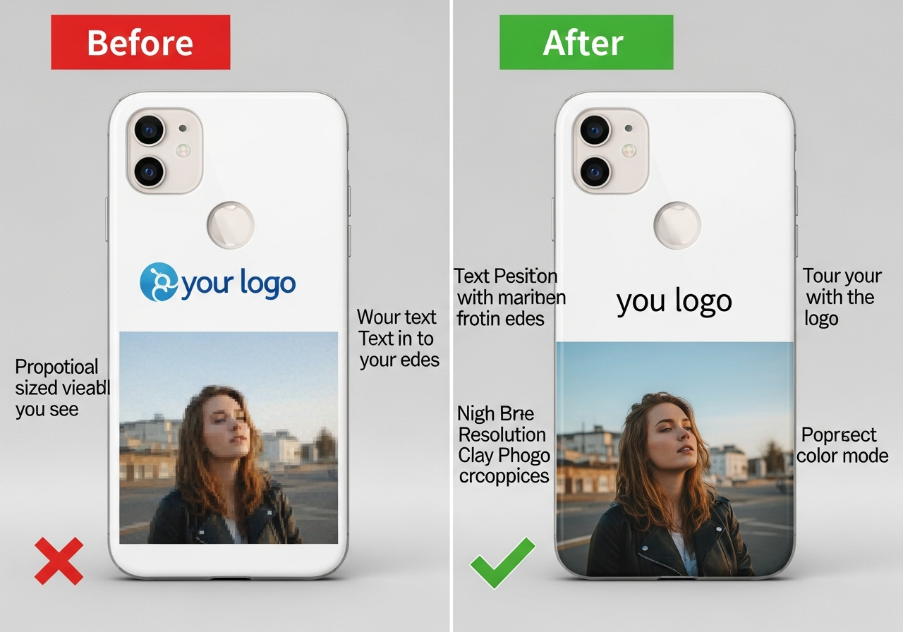 Before and after examples showing common phone case design mistakes and corrections