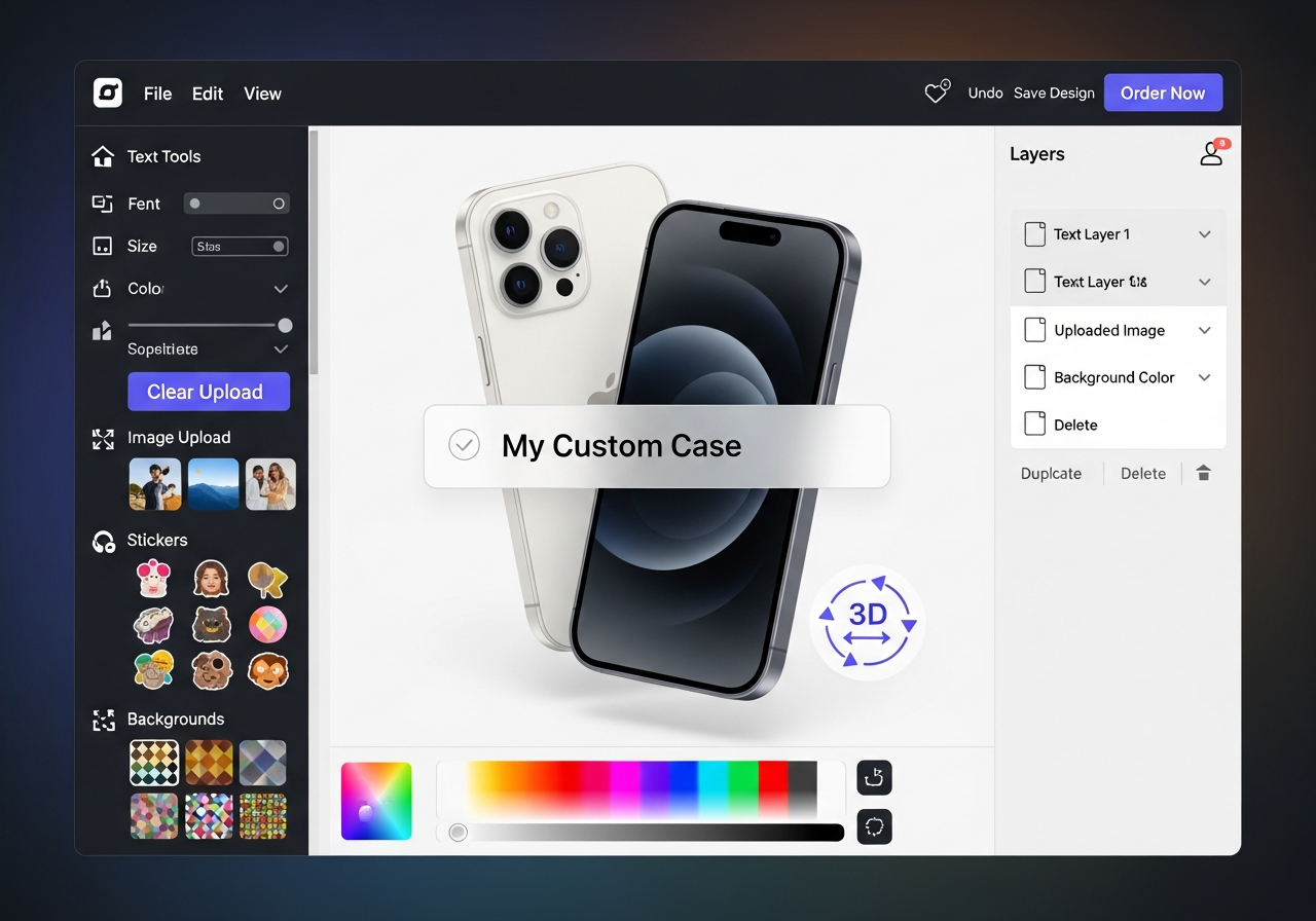 Phone case design tool interface showing template with alignment guides