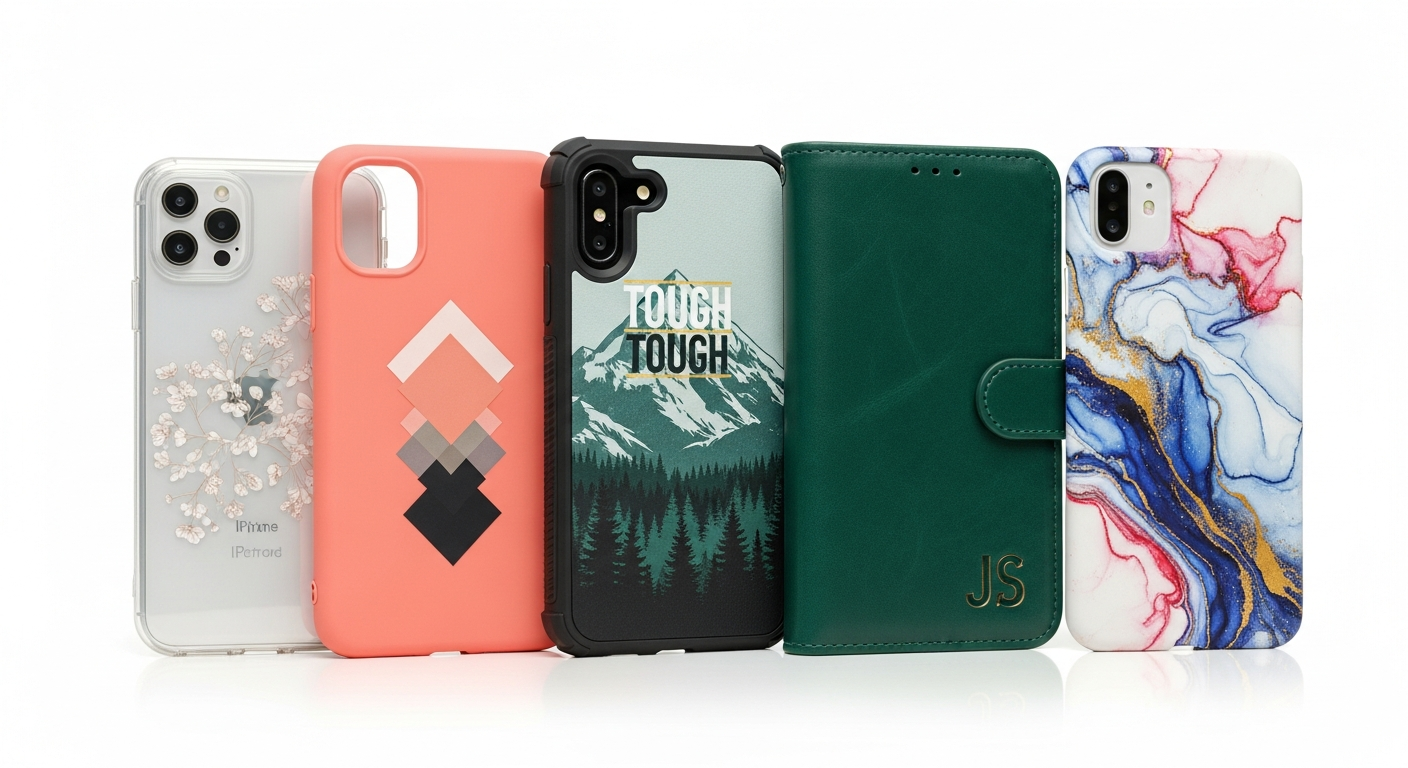 Array of custom phone cases showing different design styles and phone models