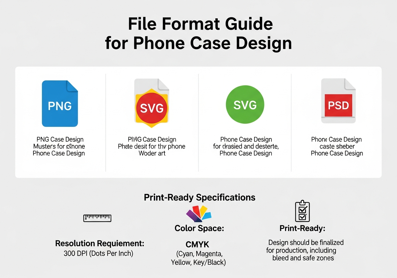 Comparison chart showing PNG SVG and PDF file format specifications for phone cases