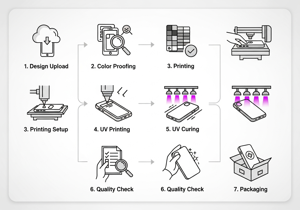 Diagram showing UV sublimation and DTF phone case printing processes side by side