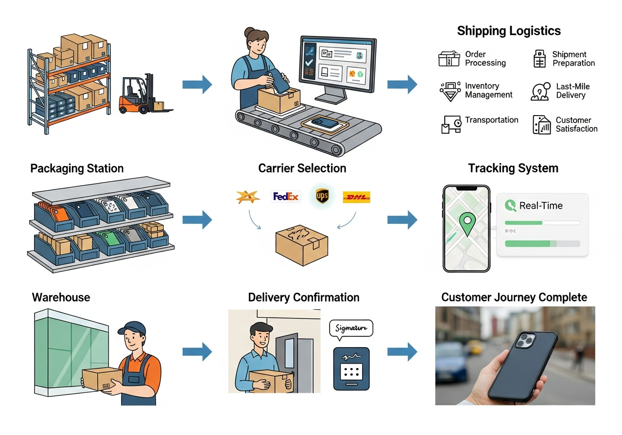 Shipping logistics diagram showing bulk phone case distribution options