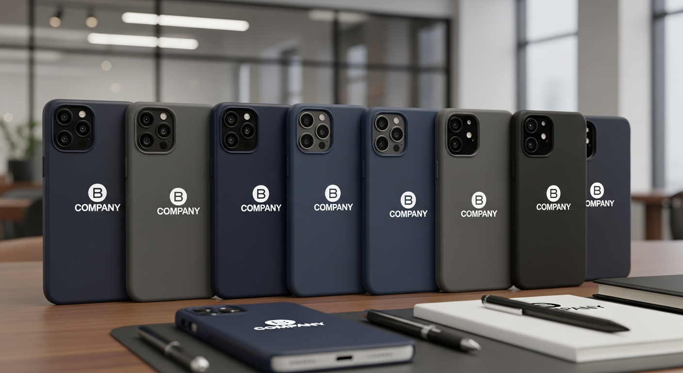 Collection of branded phone cases with company logos for corporate gifting