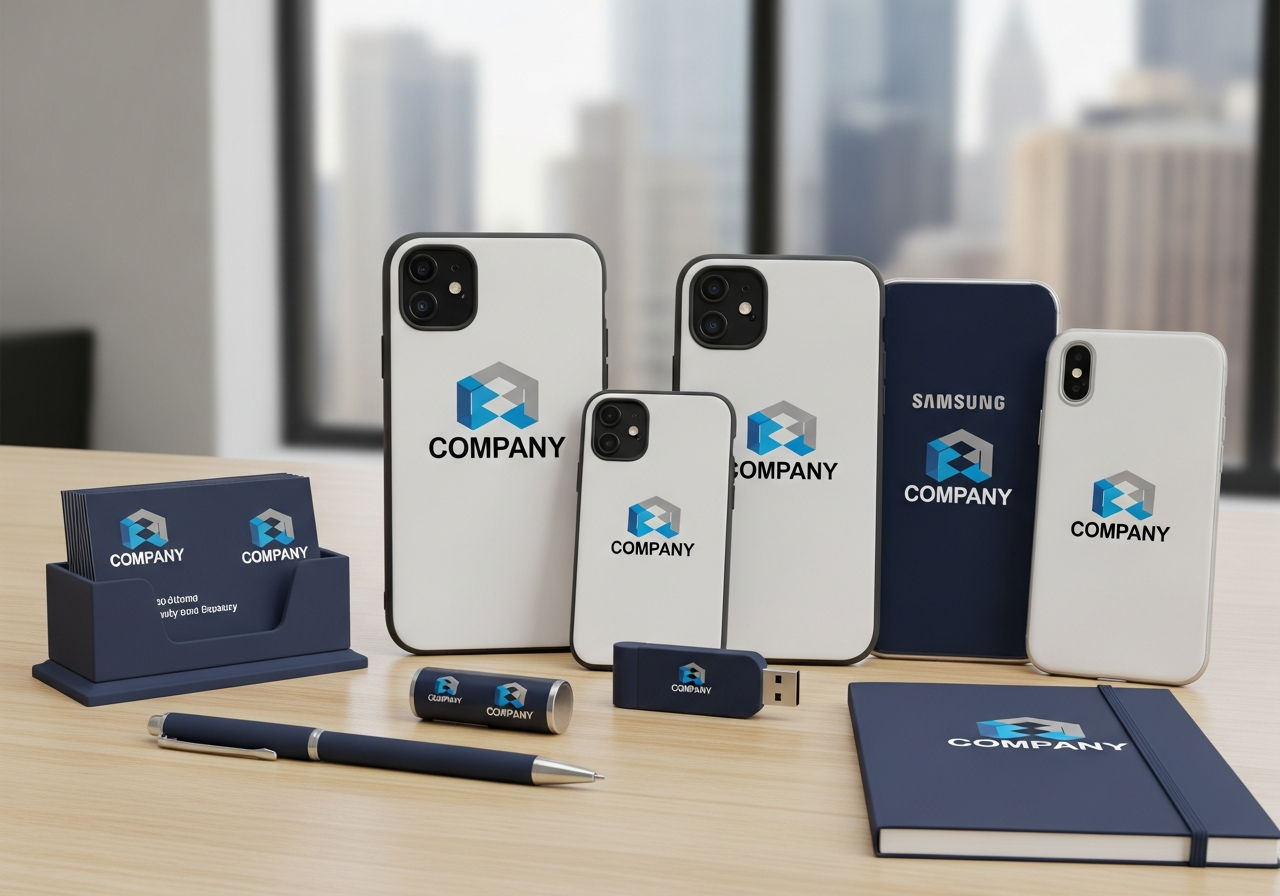 Guide showing optimal corporate logo placement and sizing on phone cases