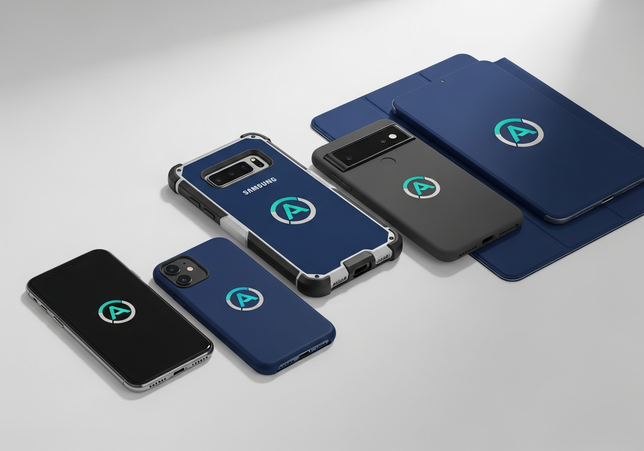 Branded phone cases displayed across iPhone Samsung and Pixel device models