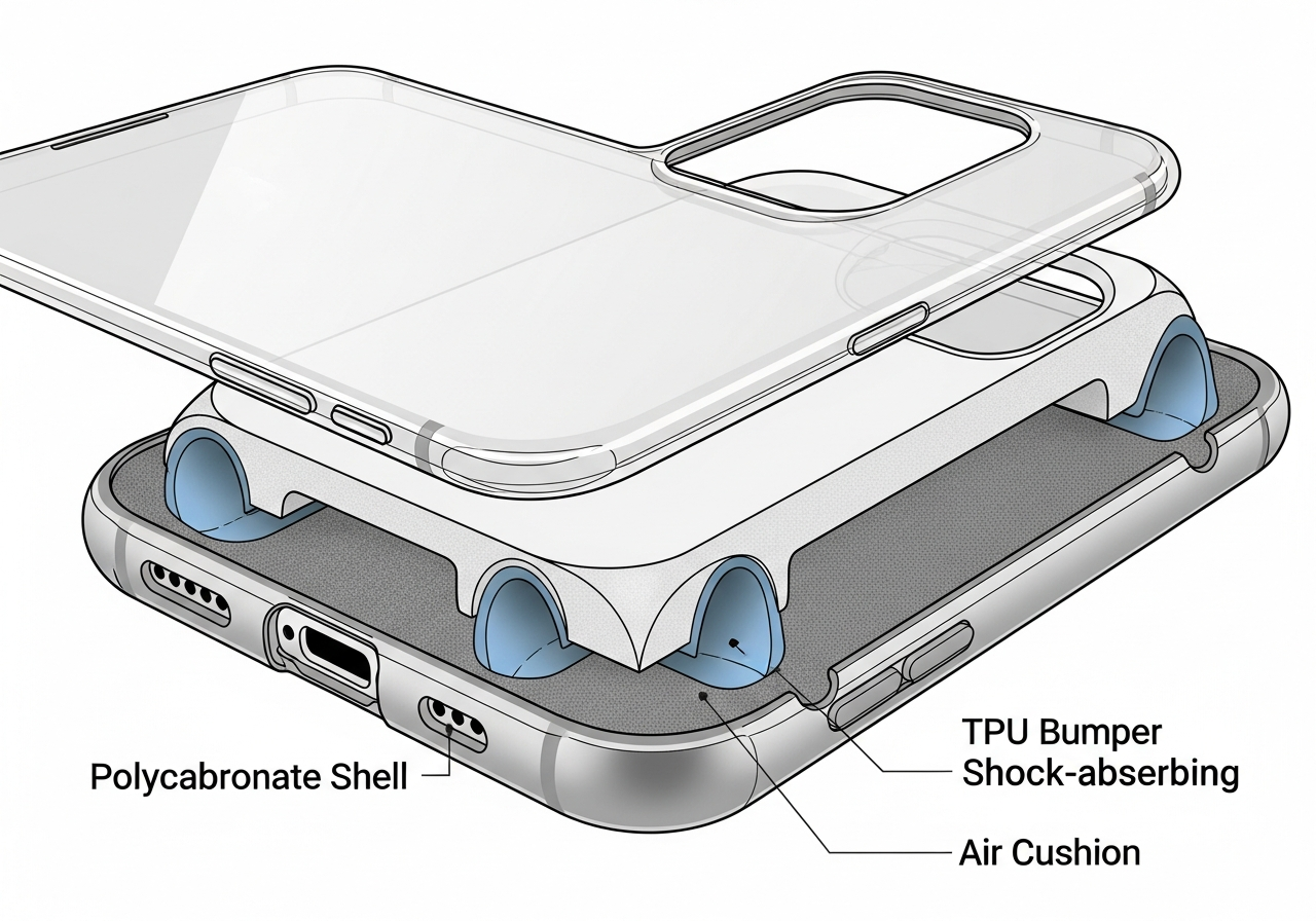 Exploded view of hybrid dual-layer phone case showing PC shell and TPU liner