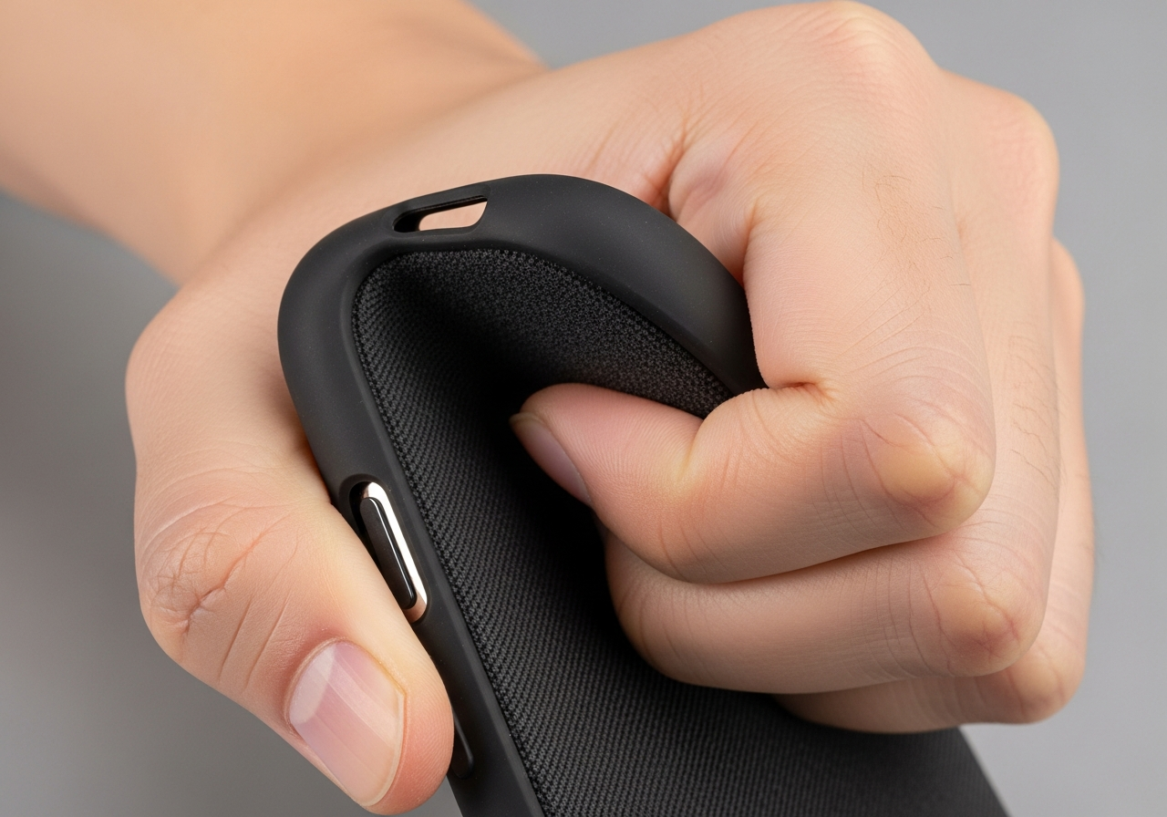 Silicone phone case demonstrating high grip on inclined glass surface