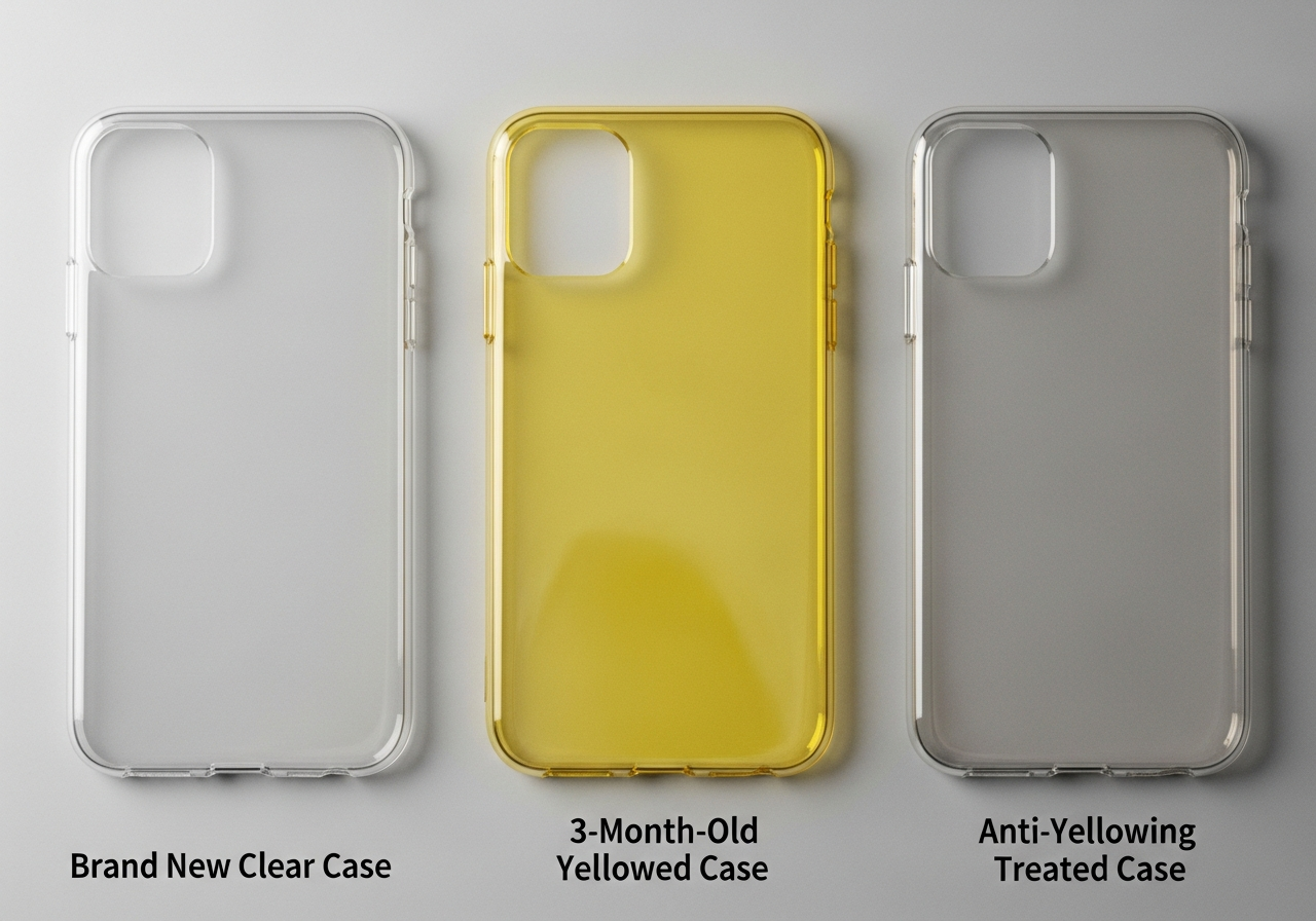 Timeline showing yellowing progression in TPU versus polycarbonate clear cases