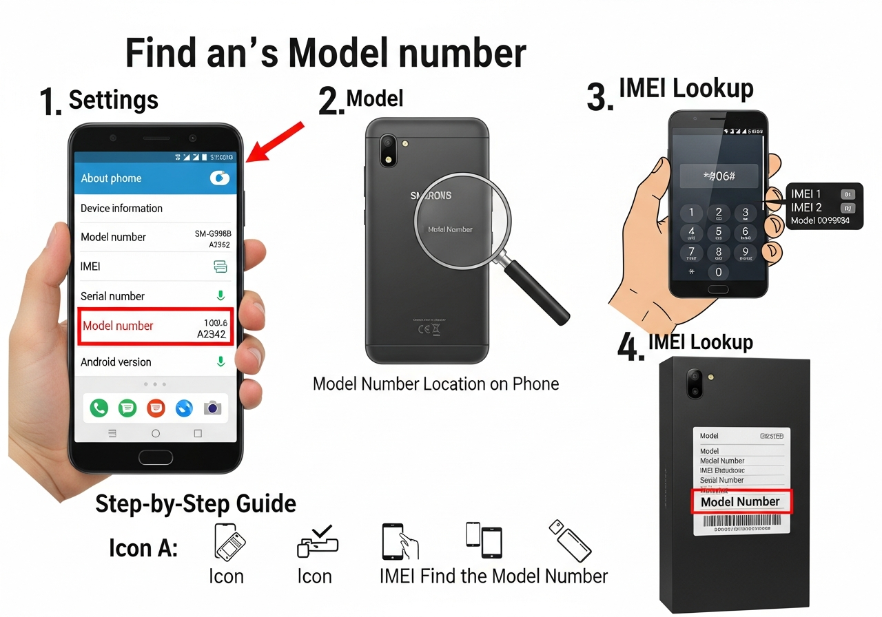 Screenshots showing how to find phone model number in device settings