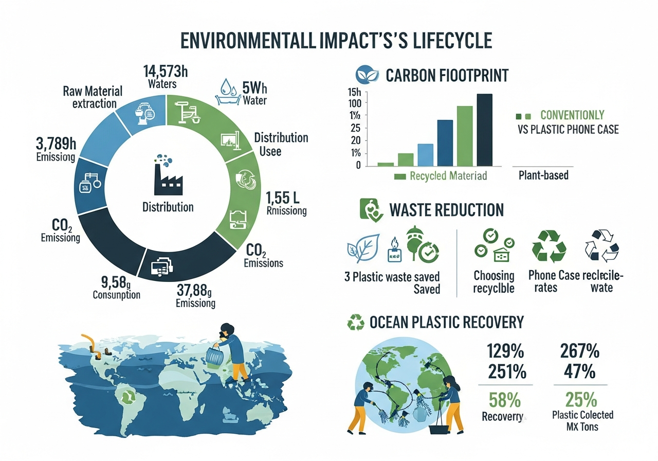 Infographic showing environmental impact of traditional phone case production