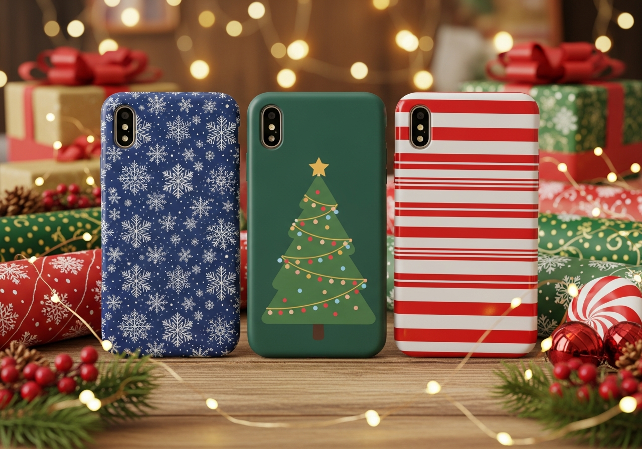 Christmas themed custom phone case designs including snowflakes and winter scenes