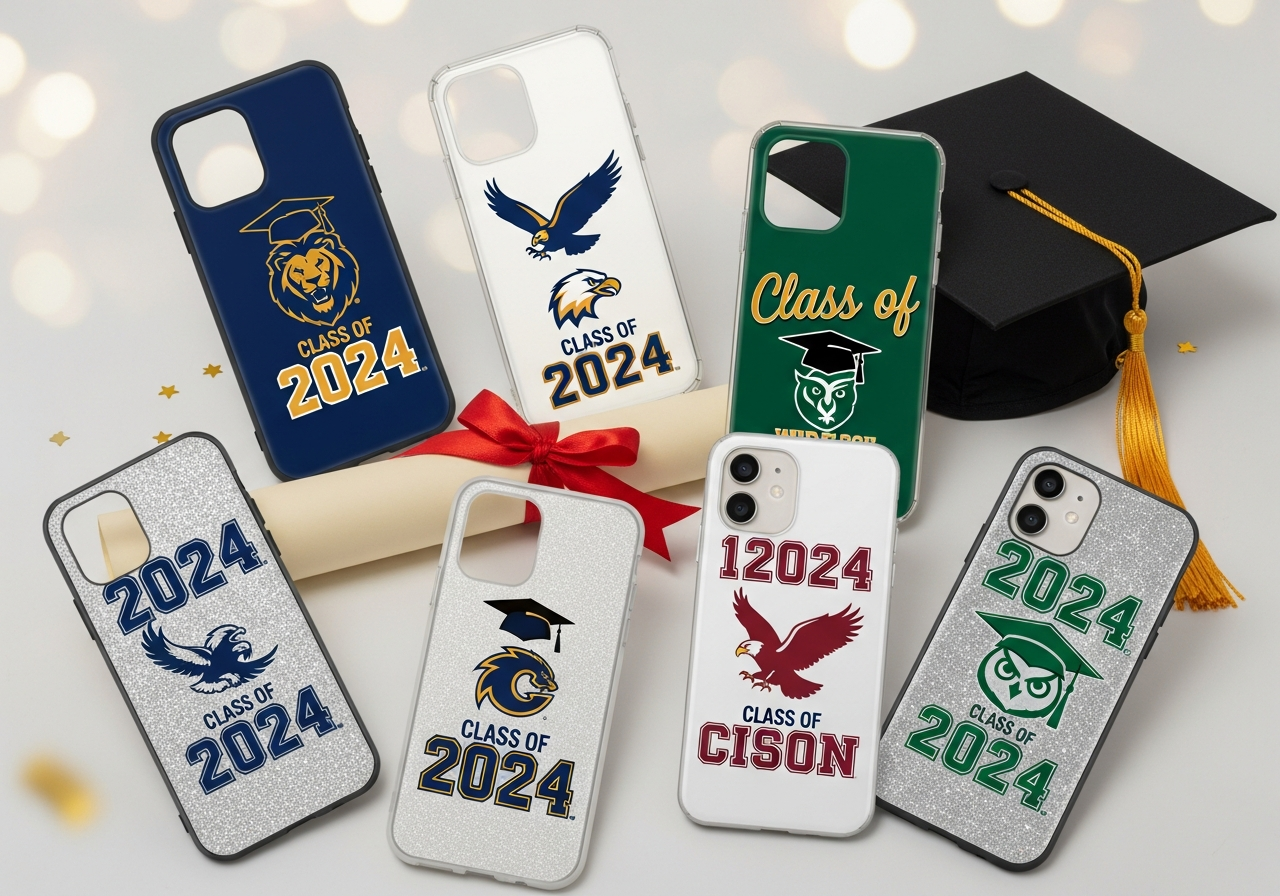 Graduation themed custom phone cases with school colors and class year designs