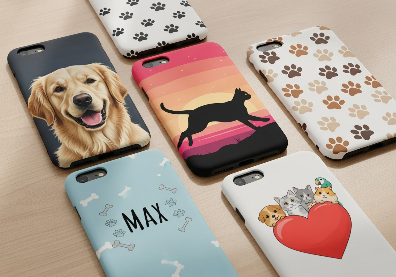 Custom phone cases featuring pet portraits and pet lover design themes