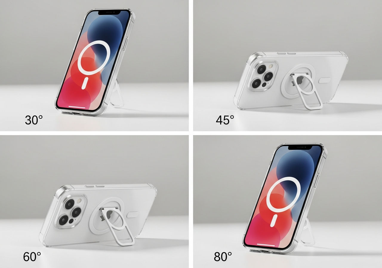 Kickstand phone case showing adjustable viewing angles for streaming