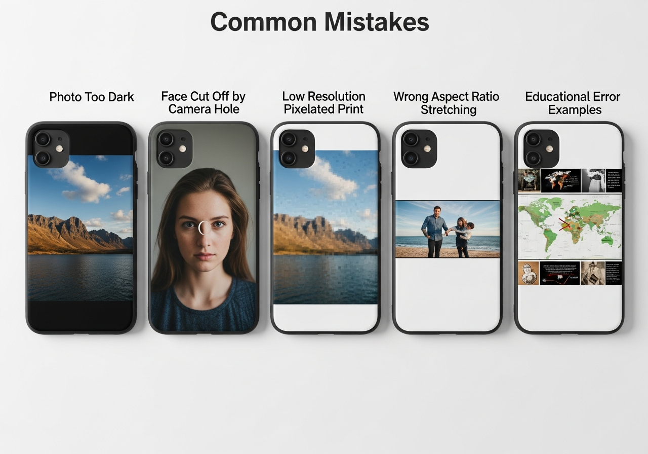 Illustrations of common photo phone case mistakes with camera cutout and resolution