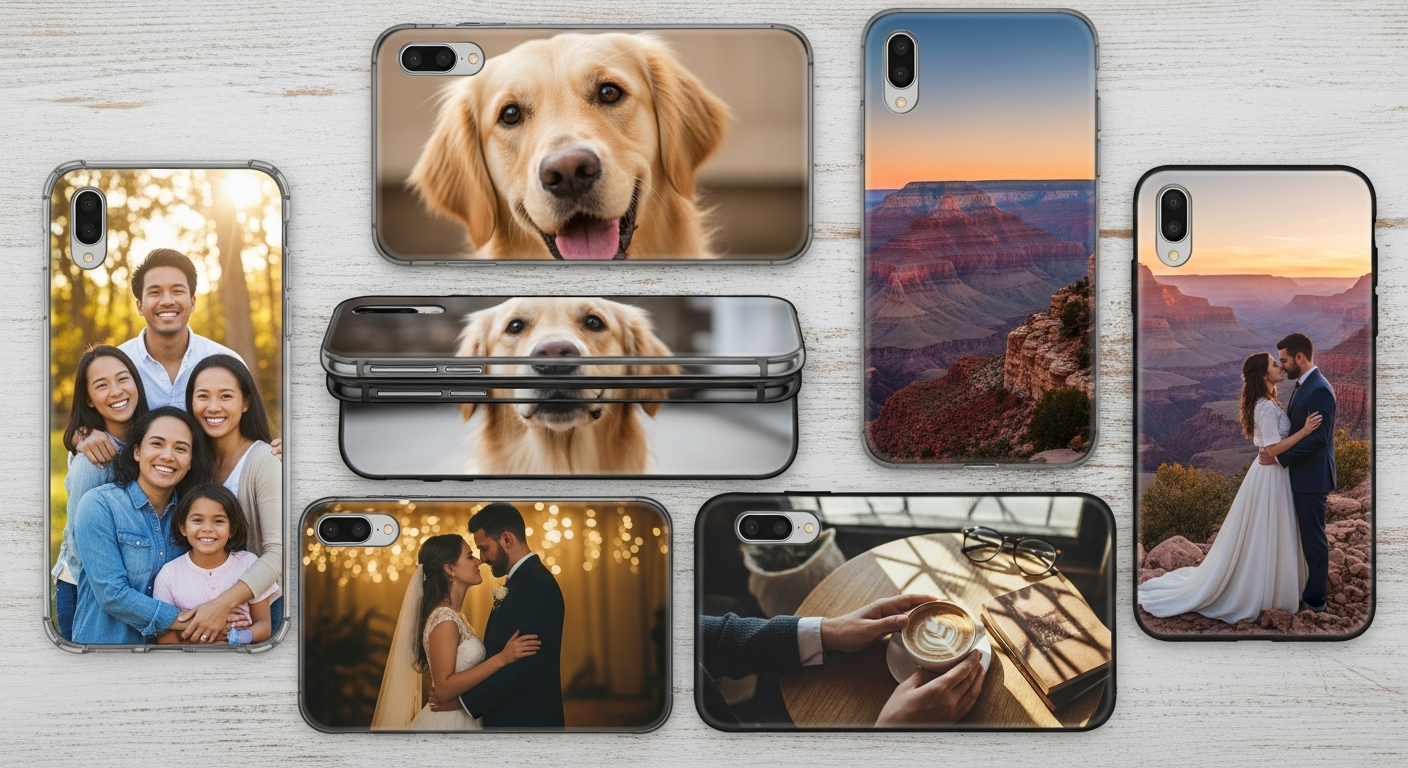 Custom photo phone cases featuring family portraits pet photos and travel images