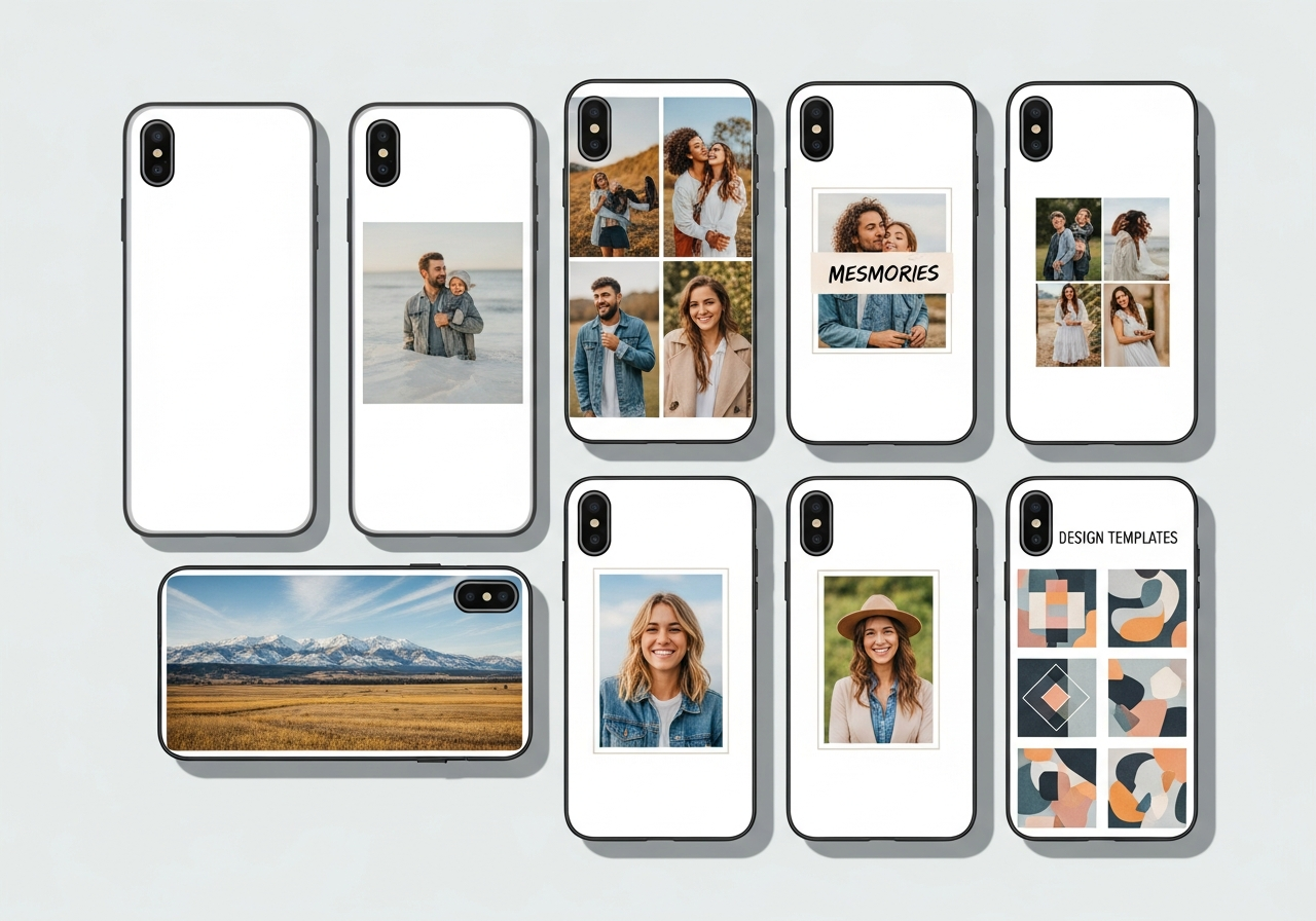 Phone case layout options showing full bleed collage grid and framed photo styles