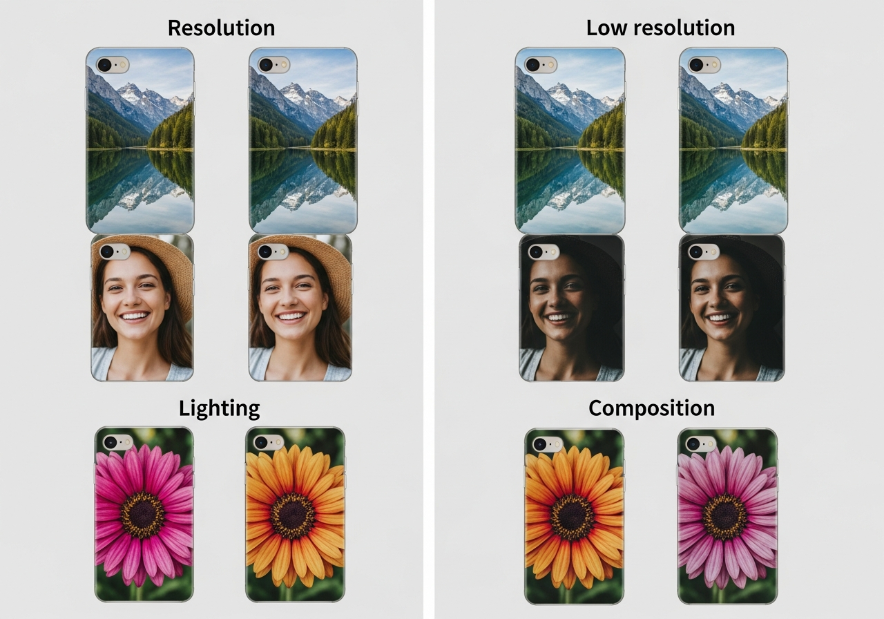 Examples of good and poor photo choices for phone case printing side by side