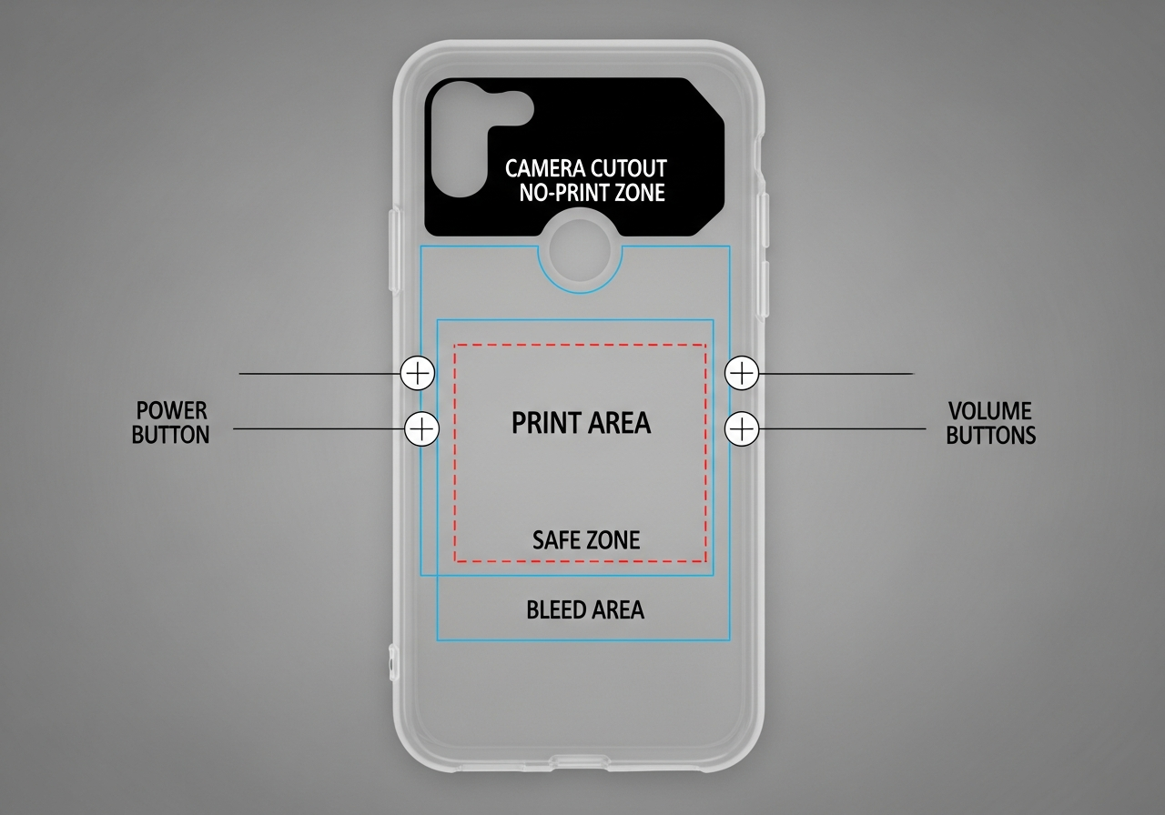 Diagram showing phone case print area bleed zone and safe zone boundaries
