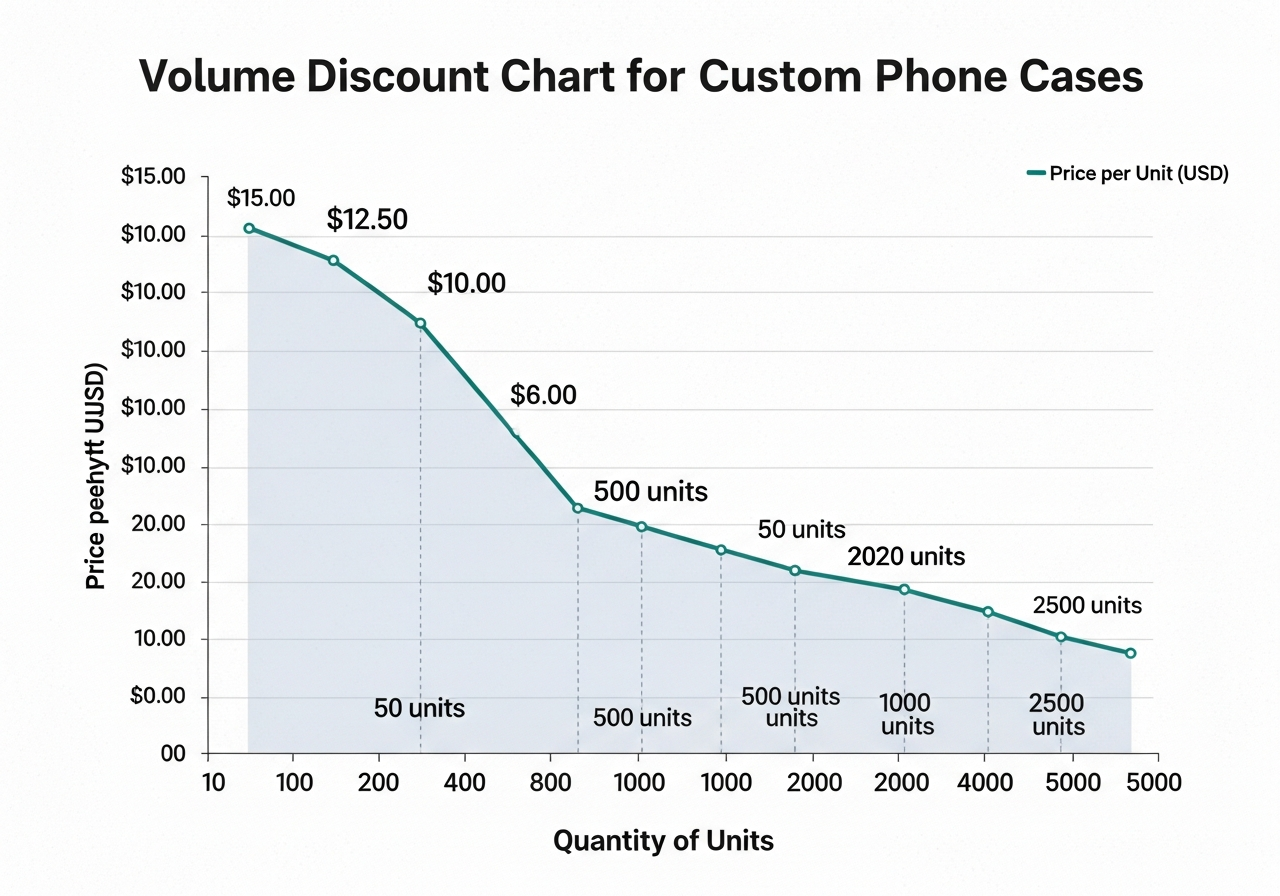 Volume discount tiers chart for bulk custom phone case orders