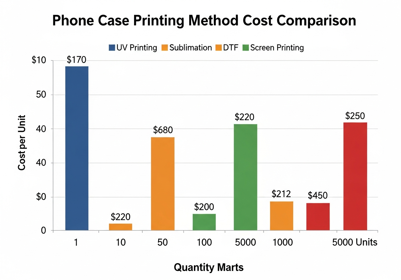 Cost curve chart comparing UV sublimation and DTF per-unit pricing by order quantity