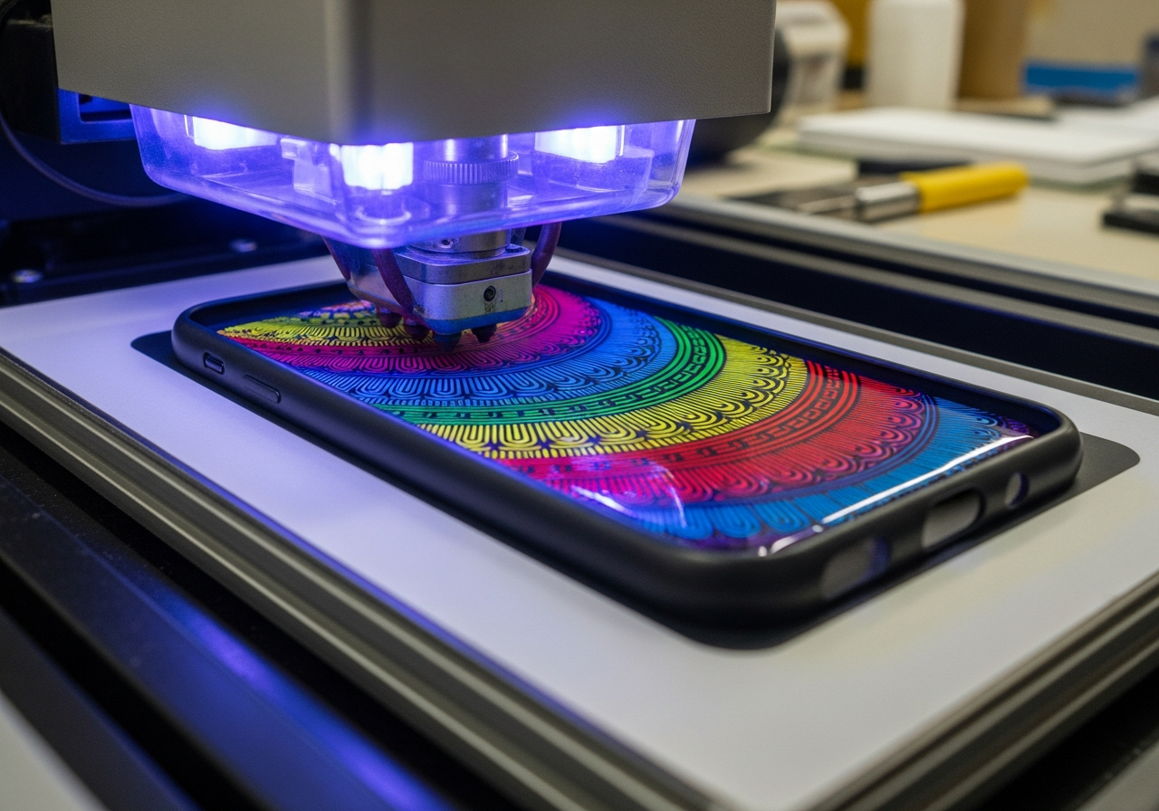 DTF transfer film being heat pressed onto a phone case surface