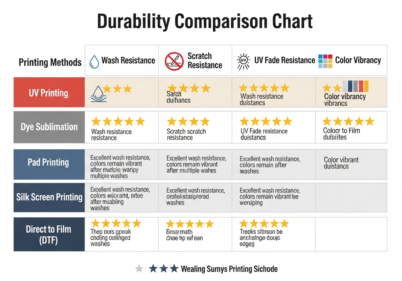 Infographic comparing durability metrics of UV sublimation and DTF phone case printing